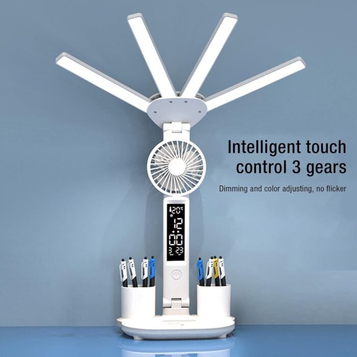 أباجورة مكتب ليد متعددة الوظائف 4 في 1 – إضاءة قابلة للطي مع مروحة وشاشة رقمية ومنظم أقلام أباجورة مكتب ليد متعددة الوظائف 4 في 1 – إضاءة قابلة للطي مع مروحة وشاشة رقمية ومنظم أقلام