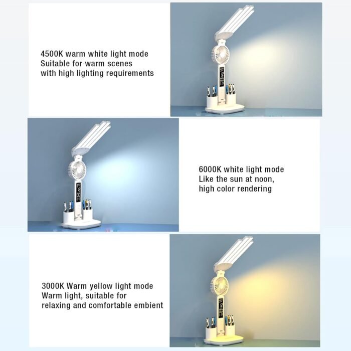 أباجورة مكتب ليد متعددة الوظائف 4 في 1 – إضاءة قابلة للطي مع مروحة وشاشة رقمية ومنظم أقلام أباجورة مكتب ليد متعددة الوظائف 4 في 1 – إضاءة قابلة للطي مع مروحة وشاشة رقمية ومنظم أقلام