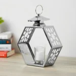 فانوس ديكور معدني سداسي الشكل – فضي (حامل للشموع)